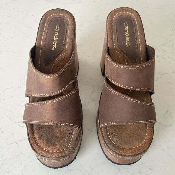 Vintage Y2K Candie’s Leather Platform Chunky Wooden Heel Sandals - Picture 5 of 13